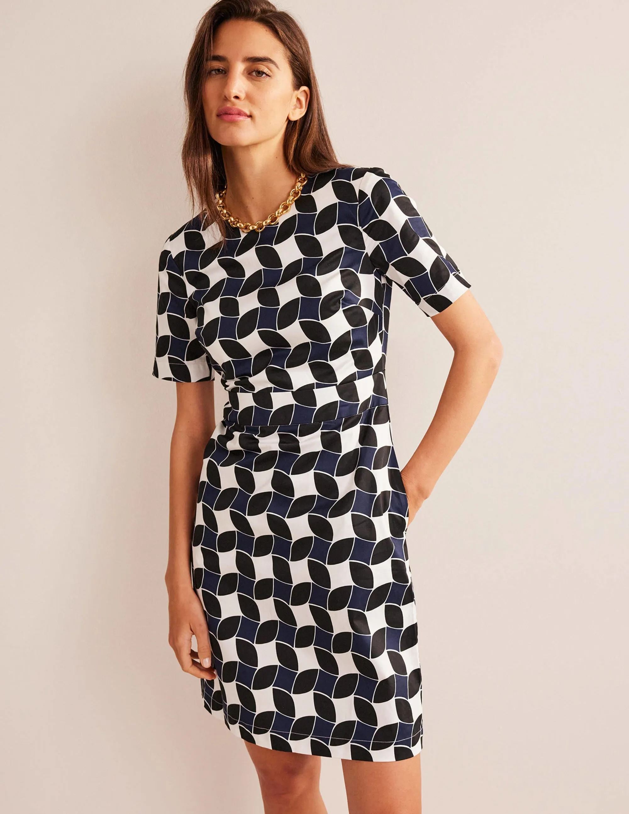 Alexa Cotton Shift Dress-Navy, Abstract Diamond