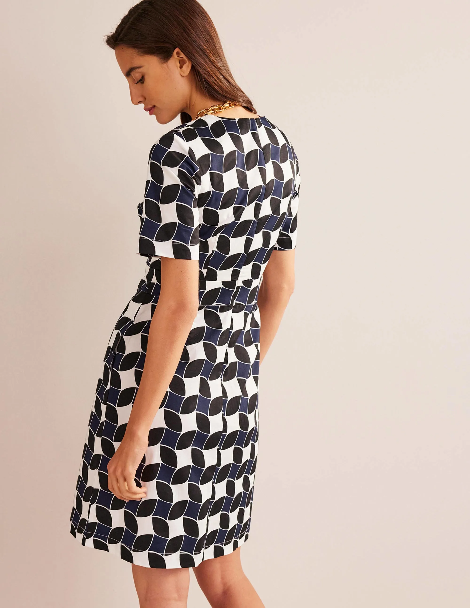 Alexa Cotton Shift Dress-Navy, Abstract Diamond