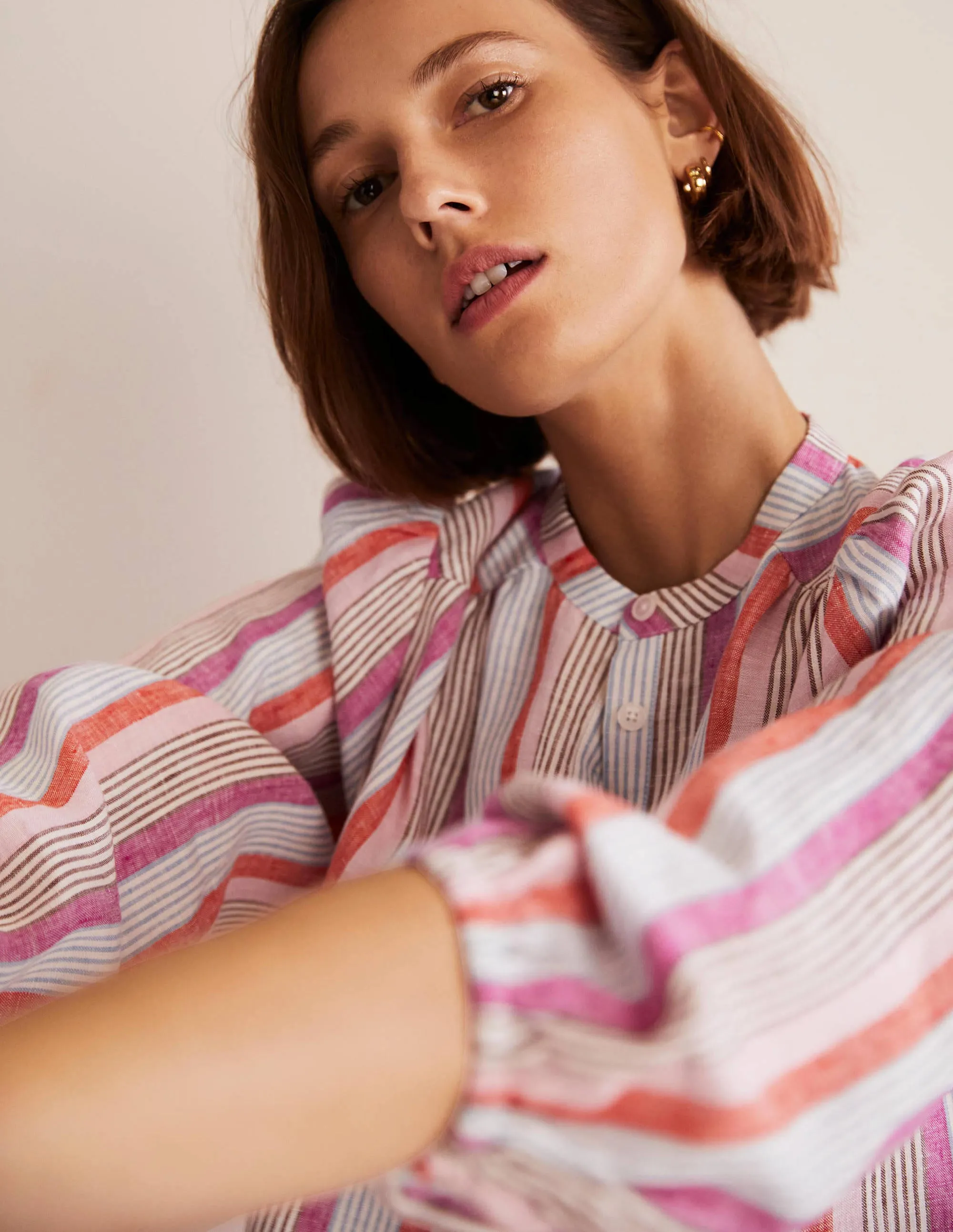 Becky Full Sleeve Linen Blouse-Firecracker, Cameo Pink Stripe