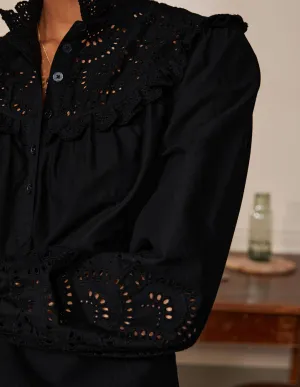 Broderie Frill Cotton Shirt-Black