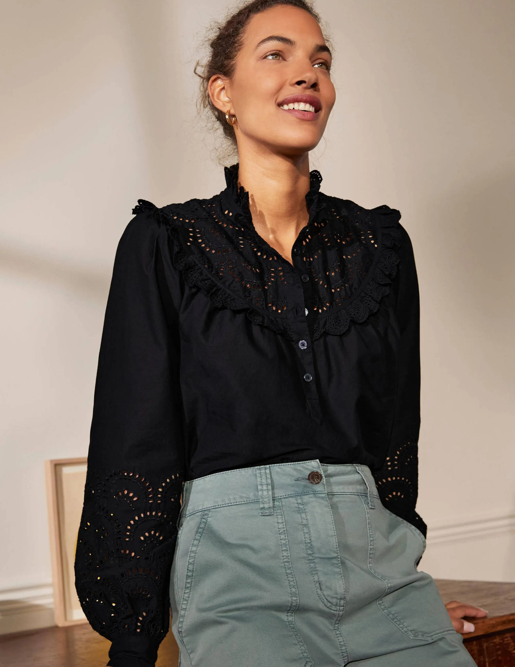 Broderie Frill Cotton Shirt-Black