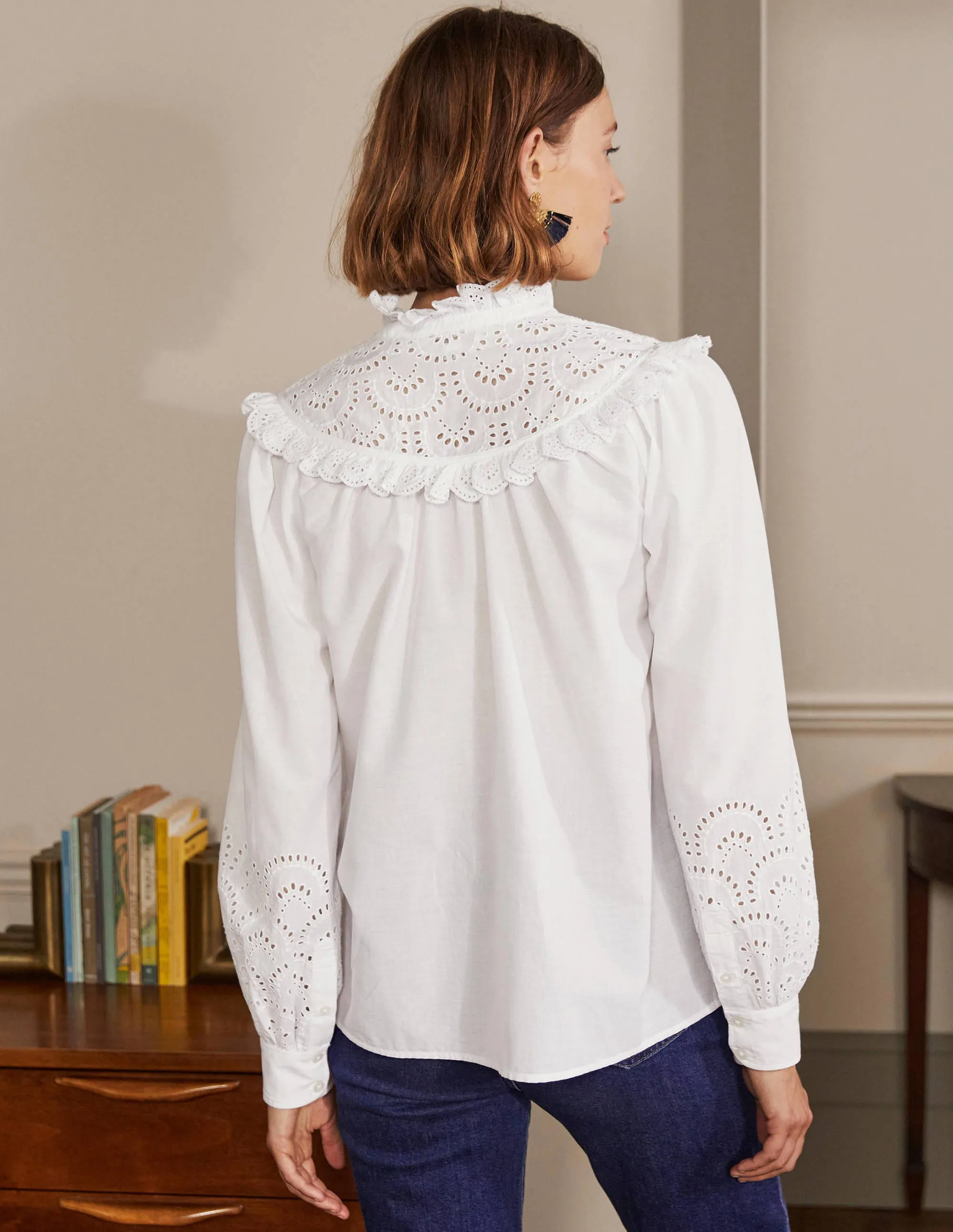 Broderie Frill Cotton Shirt-White