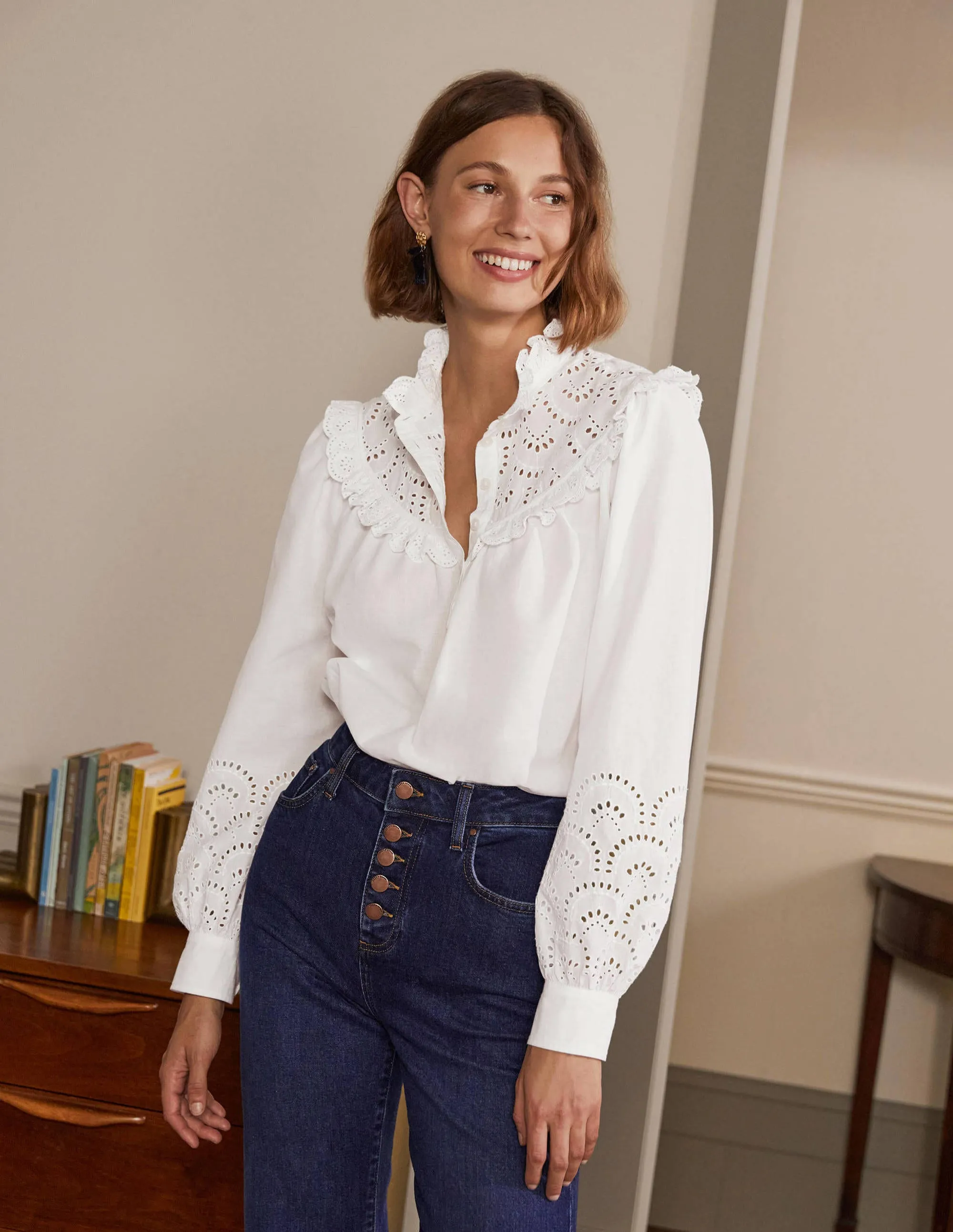 Broderie Frill Cotton Shirt-White