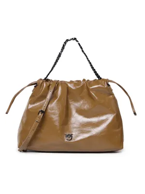 Brown Leather Drawstring Bag with Chain