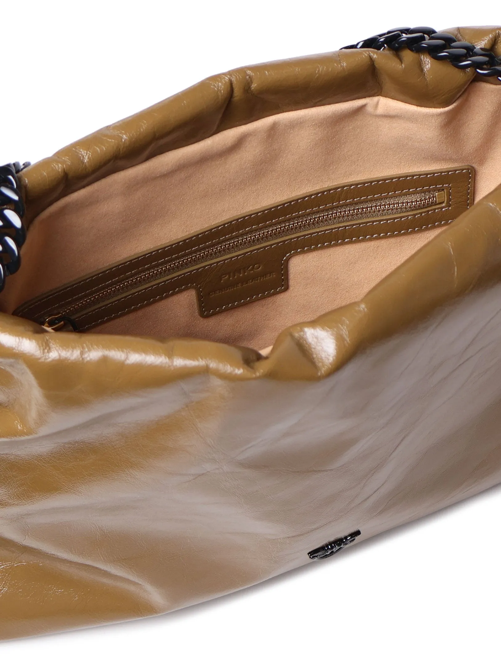 Brown Leather Drawstring Bag with Chain