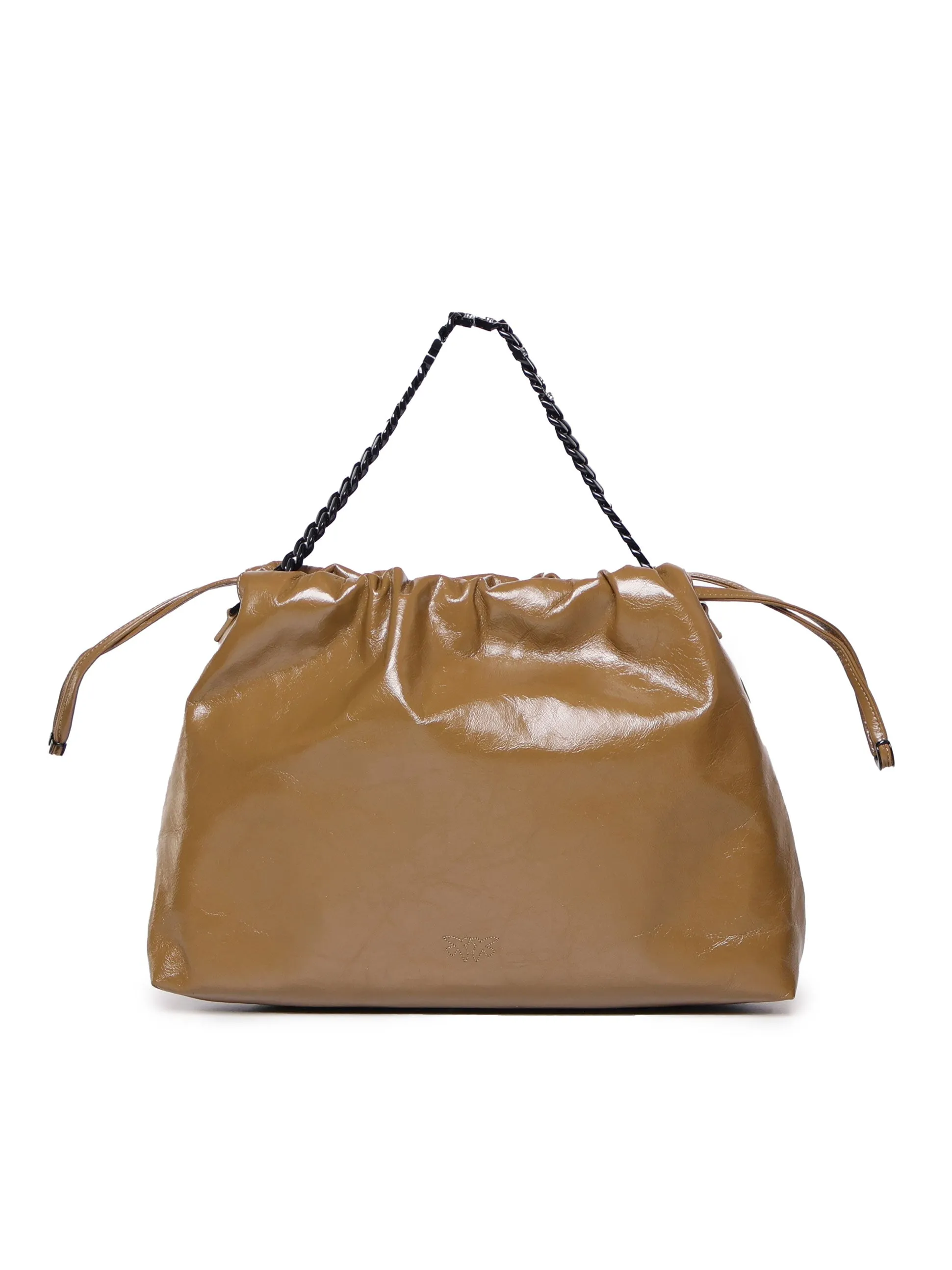 Brown Leather Drawstring Bag with Chain