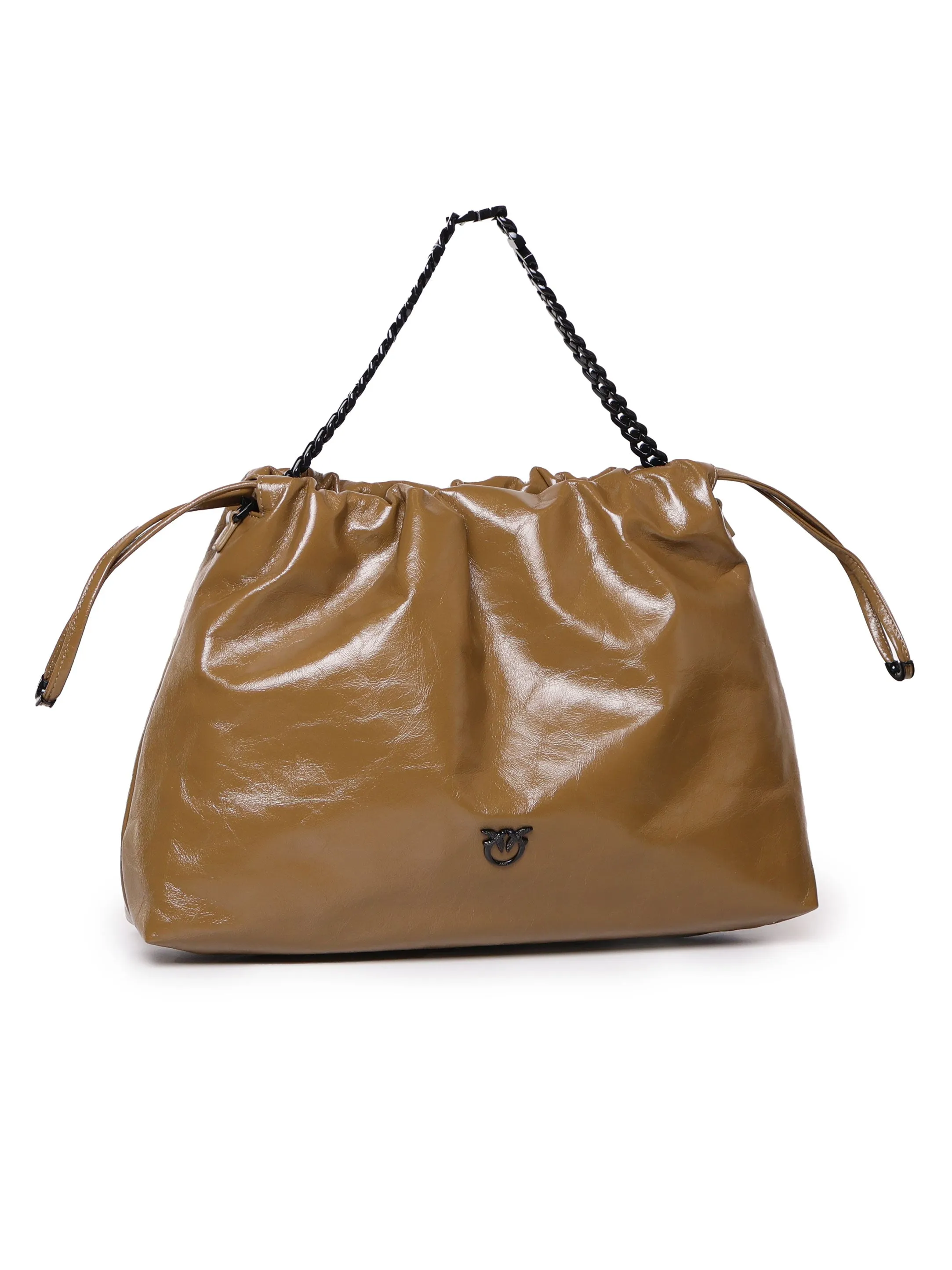 Brown Leather Drawstring Bag with Chain