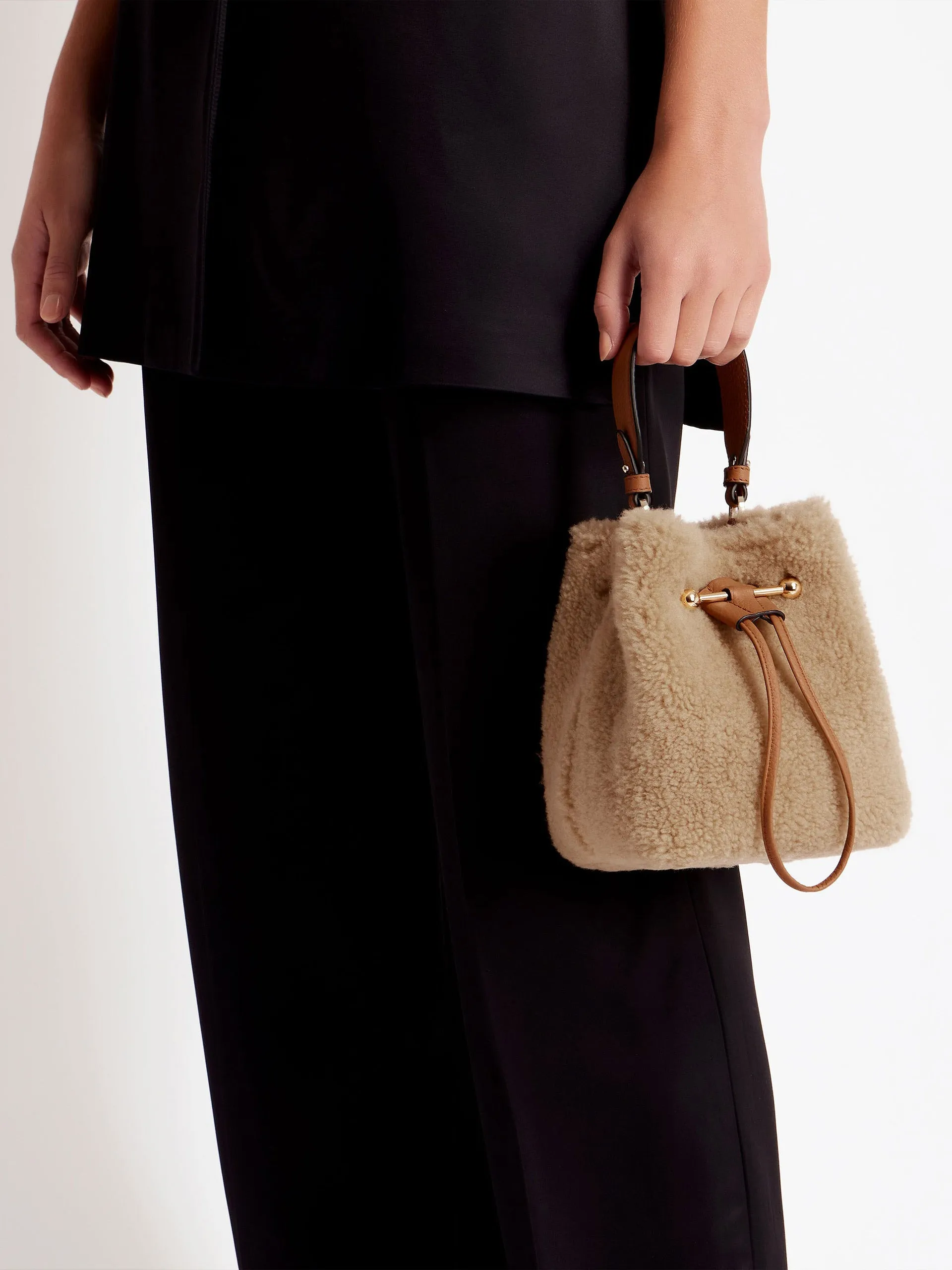 Caramel shearling Osette bucket bag