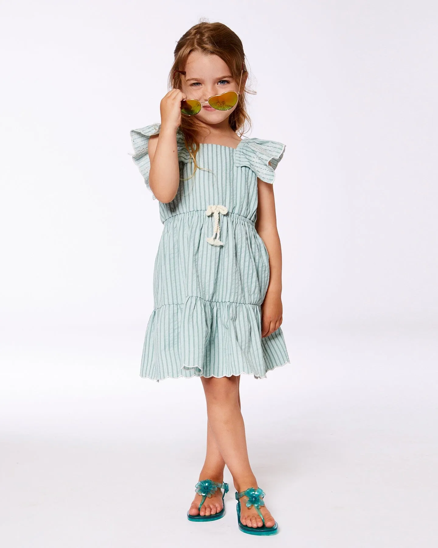 Chambray Dress With Embroidery Mint Green Striped