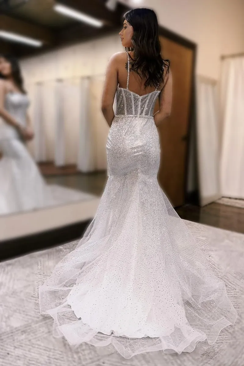 Chic Spaghetti Straps Mermaid Sequin Lace Long Wedding Dress