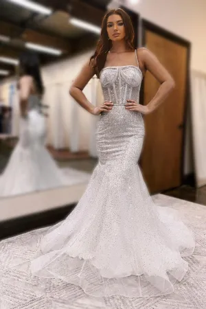 Chic Spaghetti Straps Mermaid Sequin Lace Long Wedding Dress