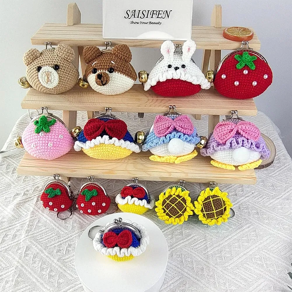Cute Mini Coin Pouch - Crochet Bow Dress Coin Purse Keychain for Women, Tiny Knitting Bag Charms