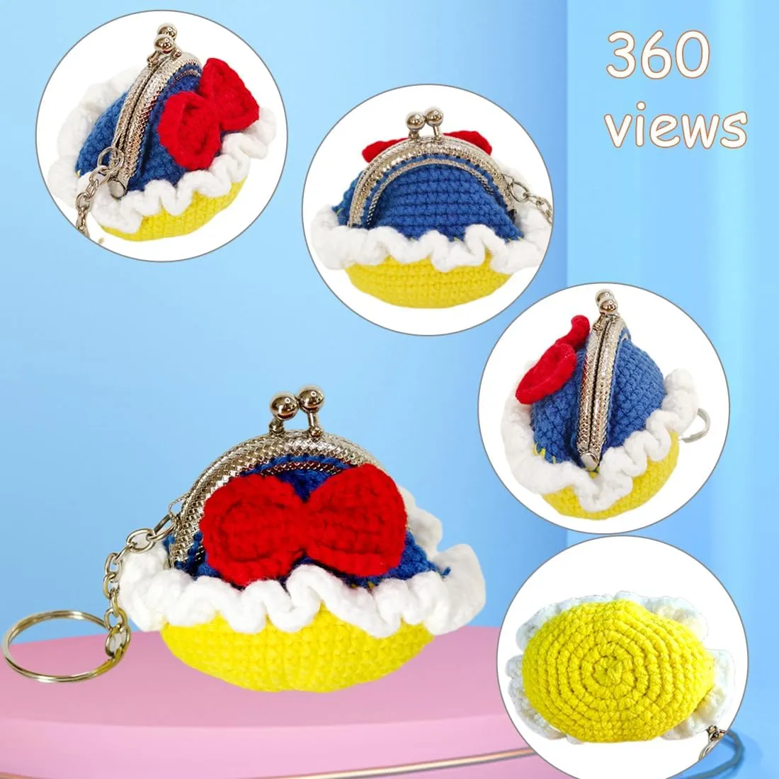 Cute Mini Coin Pouch - Crochet Bow Dress Coin Purse Keychain for Women, Tiny Knitting Bag Charms
