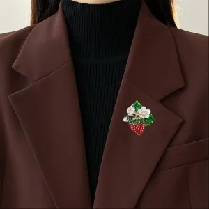 Enamel Red Strawberry with Flower Green Leaf Brooch Sweet Cute Rhinestone Fruit Strawberry Brooch Pin Weddings Party Jewelry Accessories