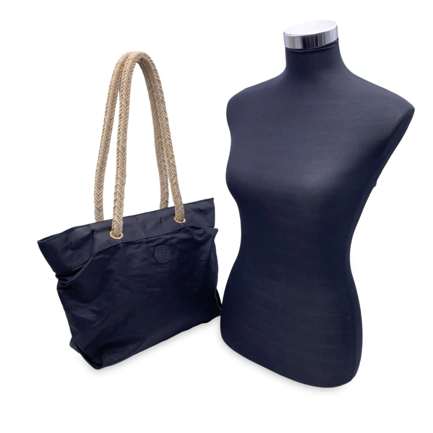 Fendi Vintage Black Nylon Tote Bag with Rope Straps