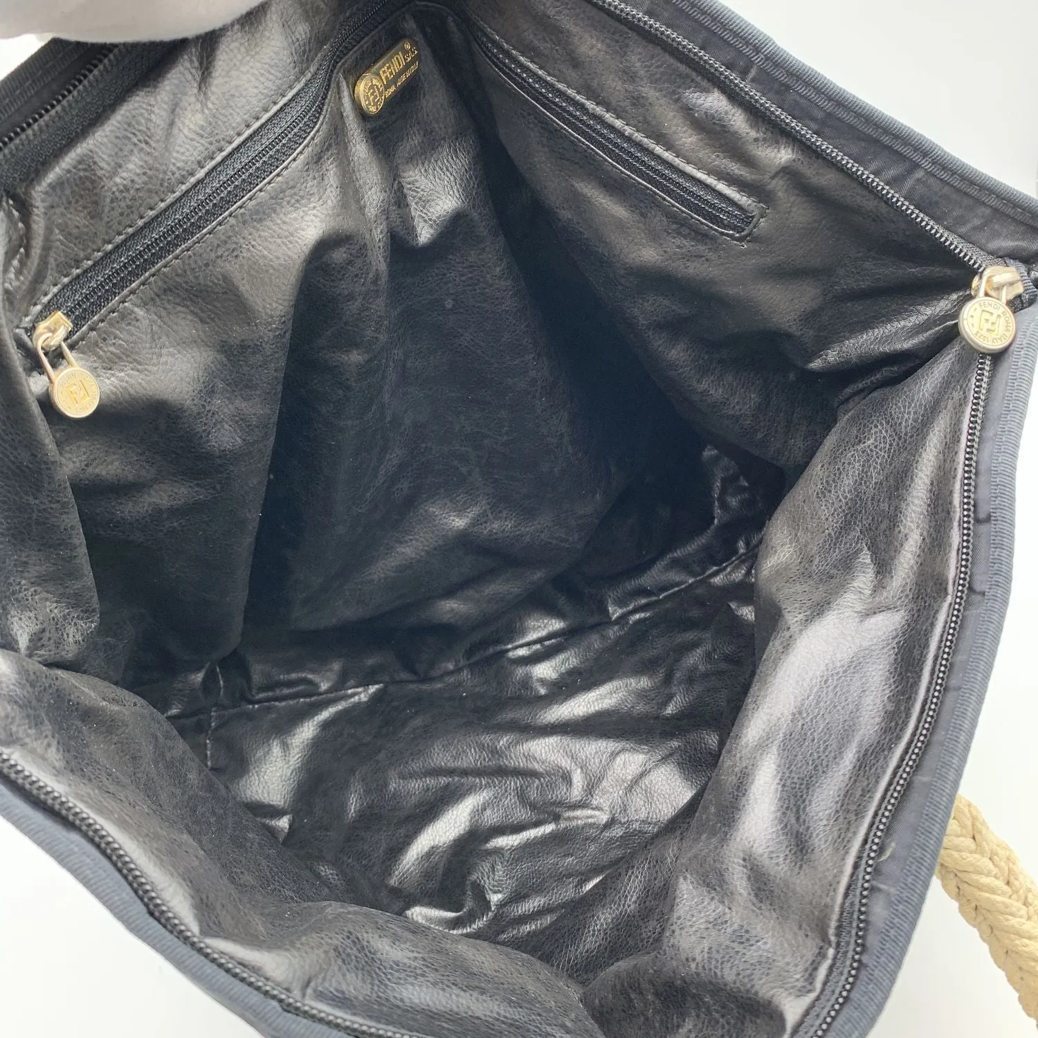 Fendi Vintage Black Nylon Tote Bag with Rope Straps