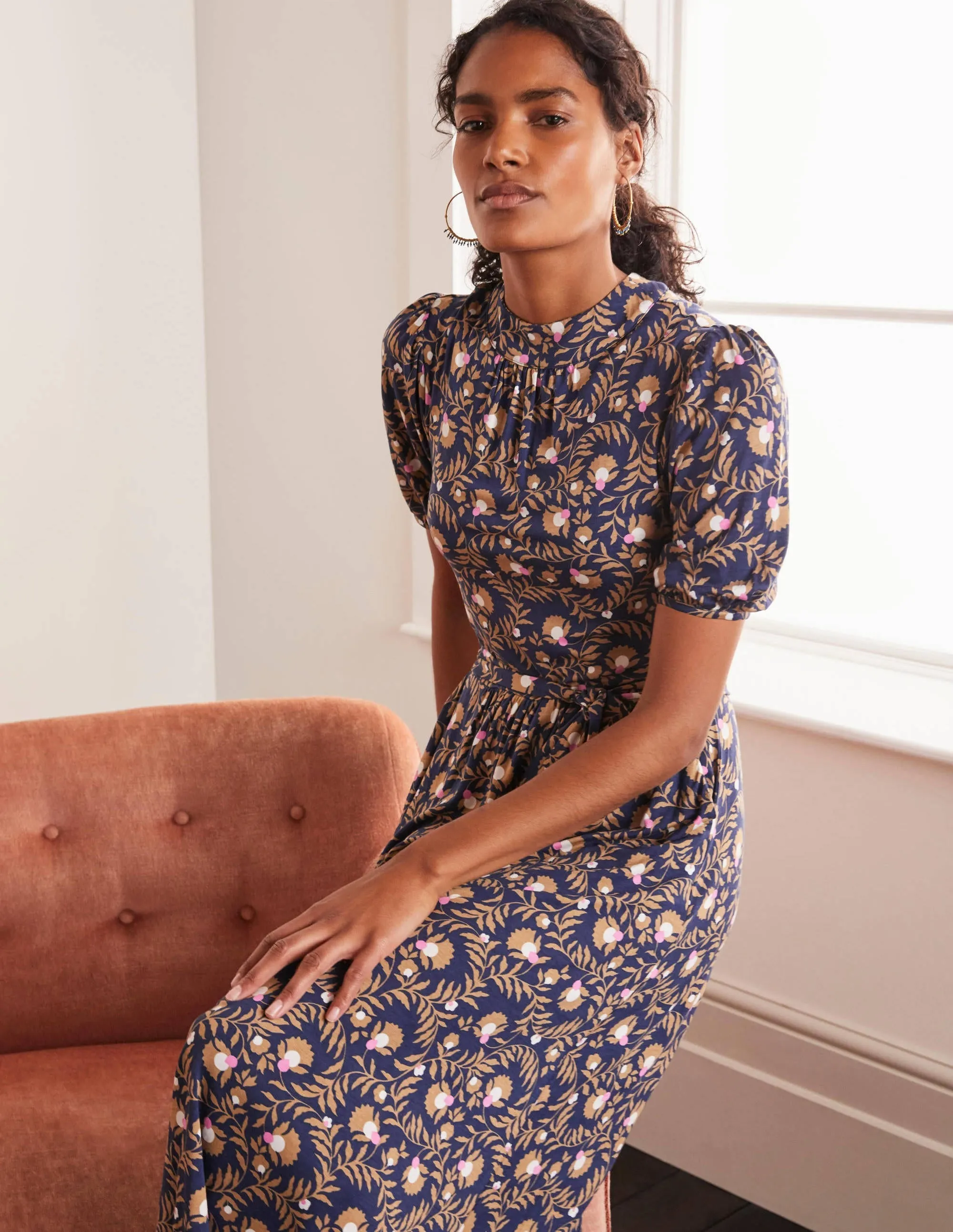 Flora Jersey Puff Sleeve Dress-Navy, Wild Bramble