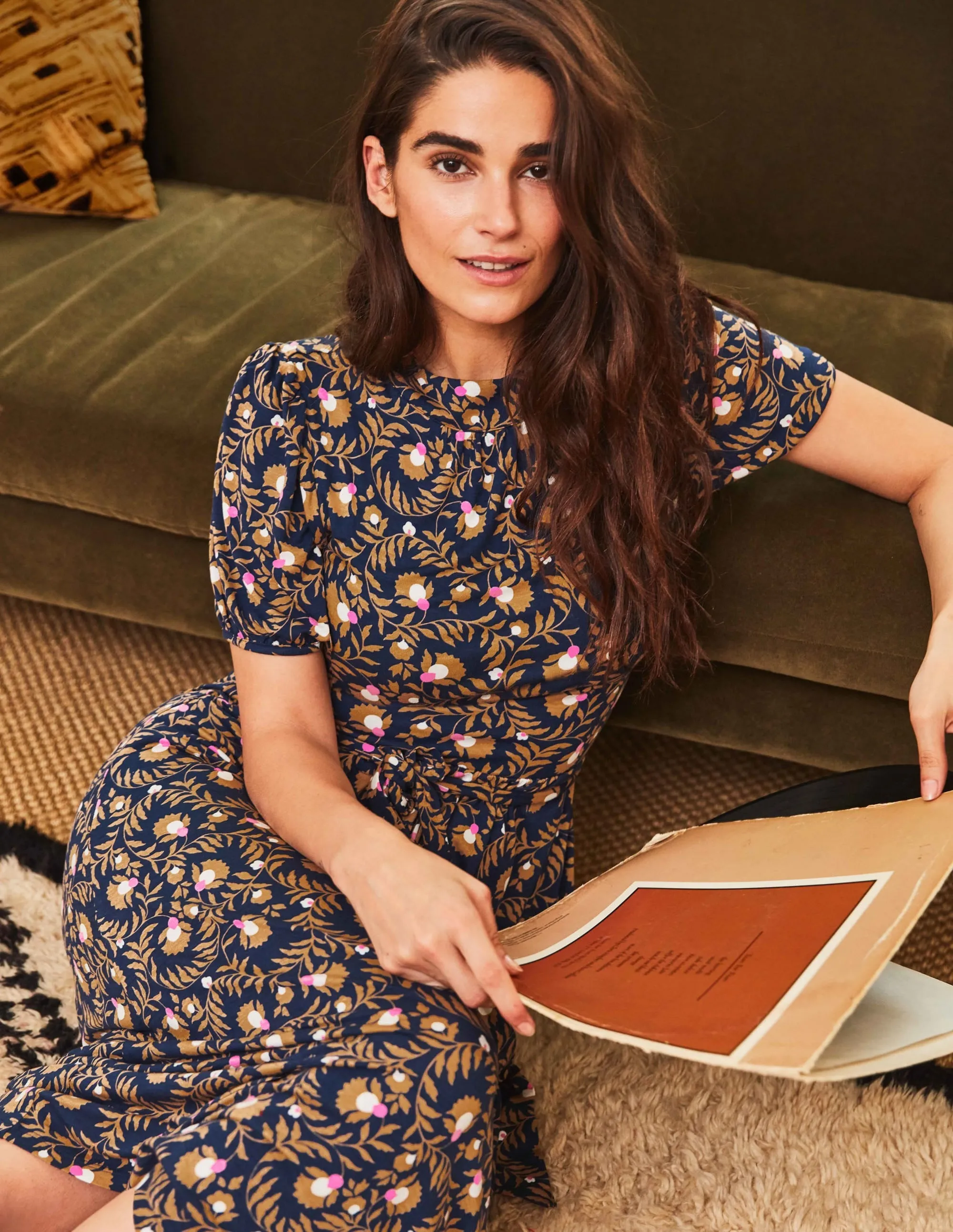 Flora Jersey Puff Sleeve Dress-Navy, Wild Bramble