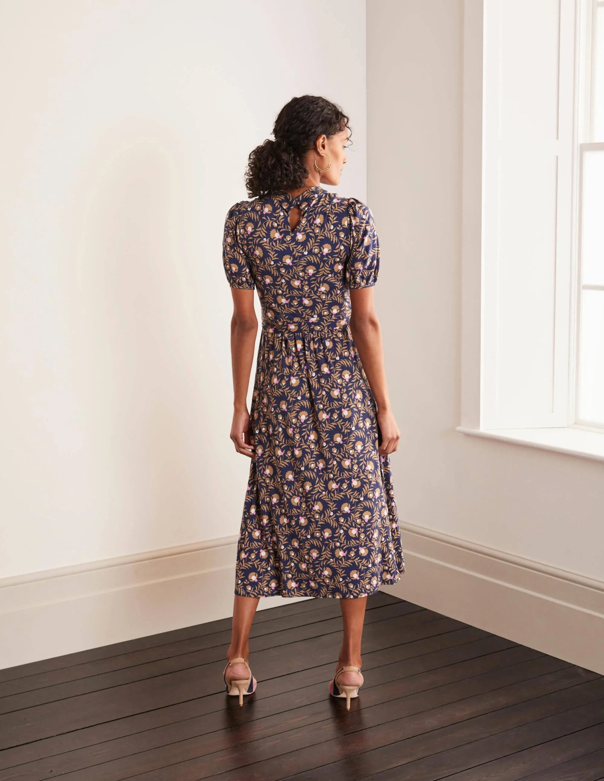 Flora Jersey Puff Sleeve Dress-Navy, Wild Bramble