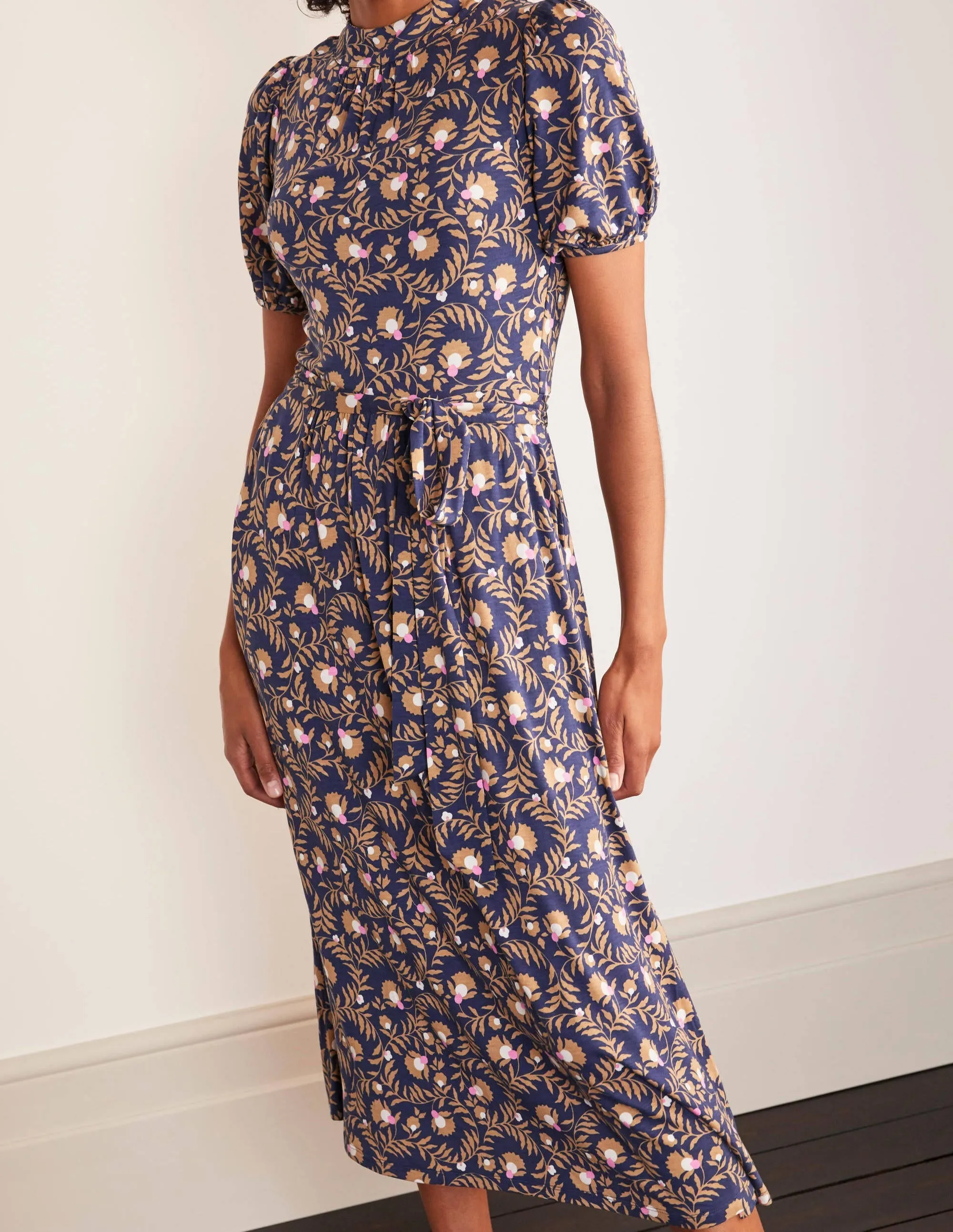 Flora Jersey Puff Sleeve Dress-Navy, Wild Bramble