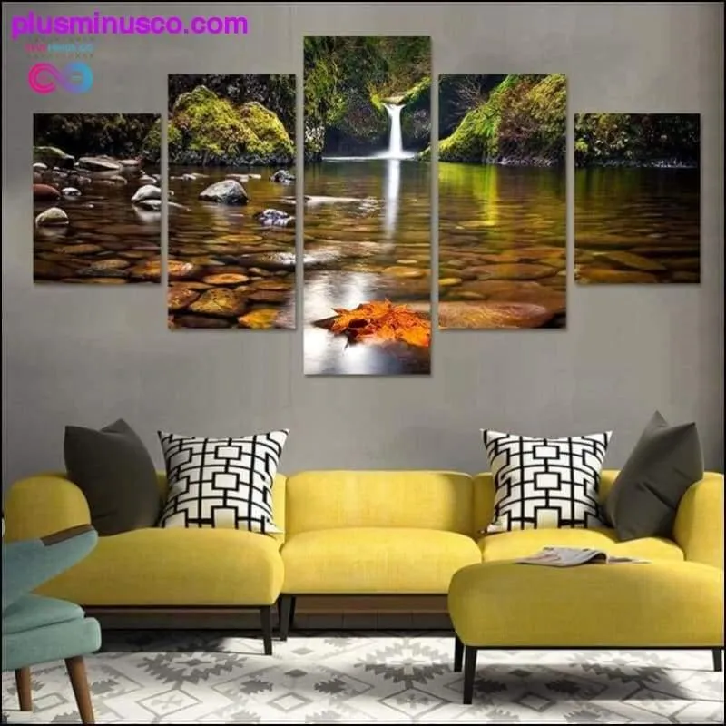 Framed 5 Pcs Landscape Painting: The Wall Waterfall Nature