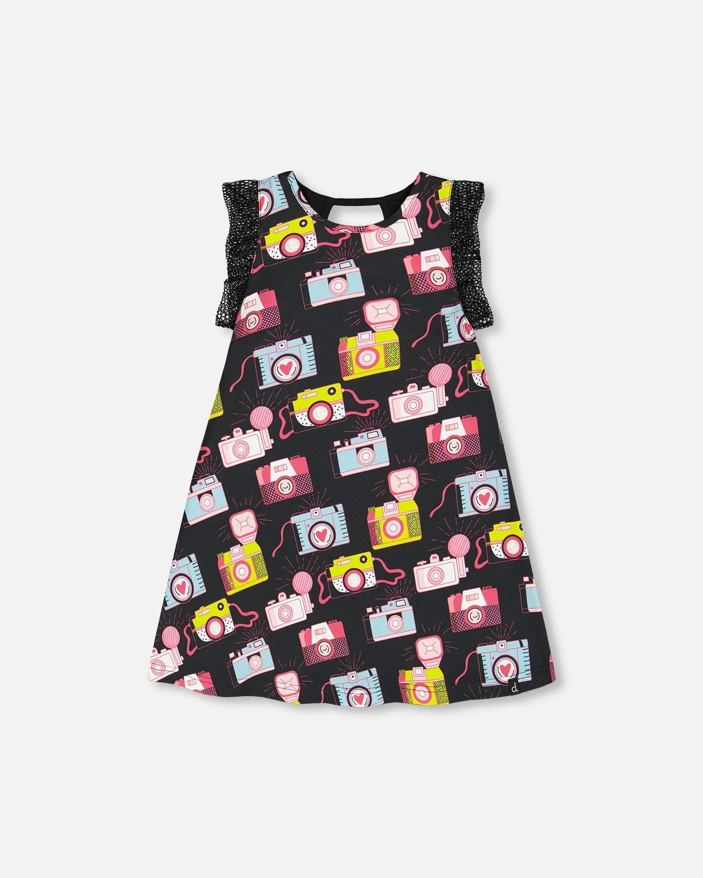 Printed Dress With Mesh Sleeves Black