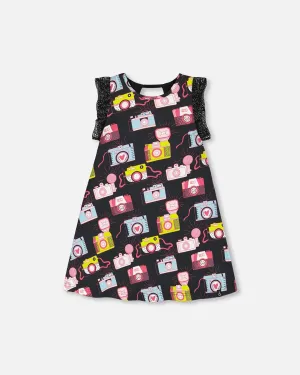 Printed Dress With Mesh Sleeves Black