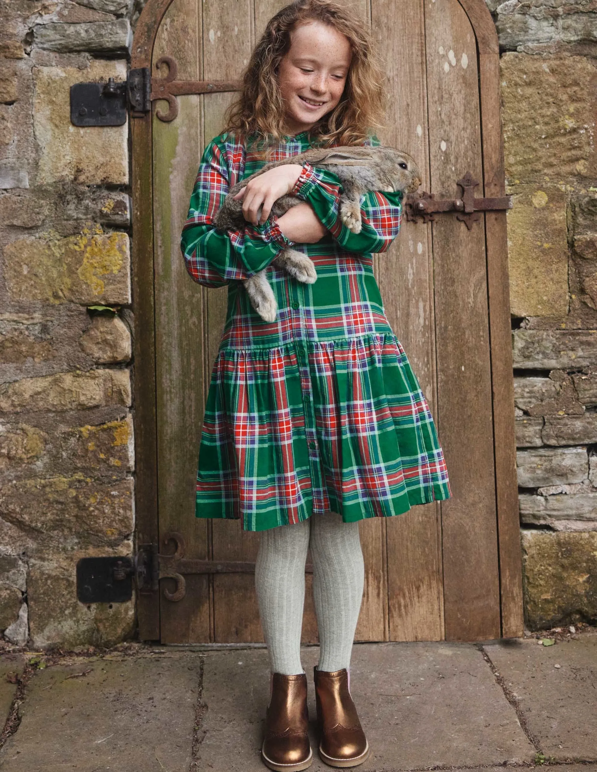 Relaxed Woven Check Dress-Forest Green Check