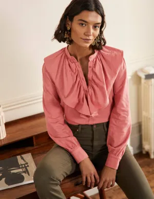 Ruffle Front Jersey Shirt-Dusty Red