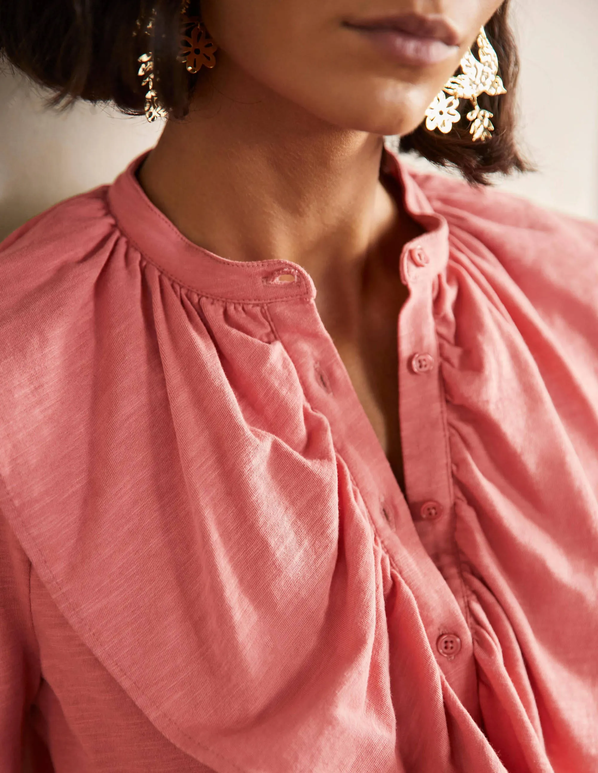 Ruffle Front Jersey Shirt-Dusty Red