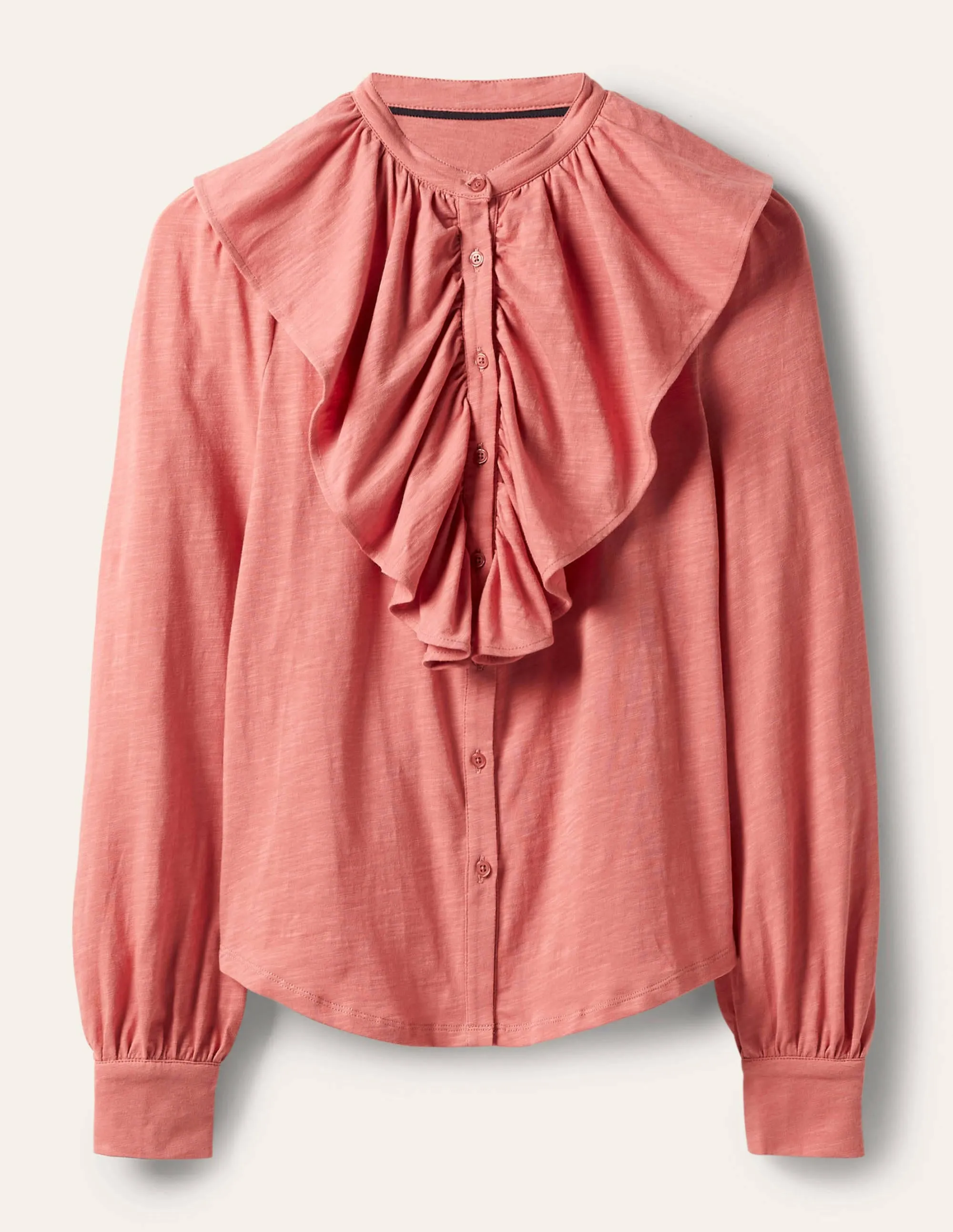 Ruffle Front Jersey Shirt-Dusty Red
