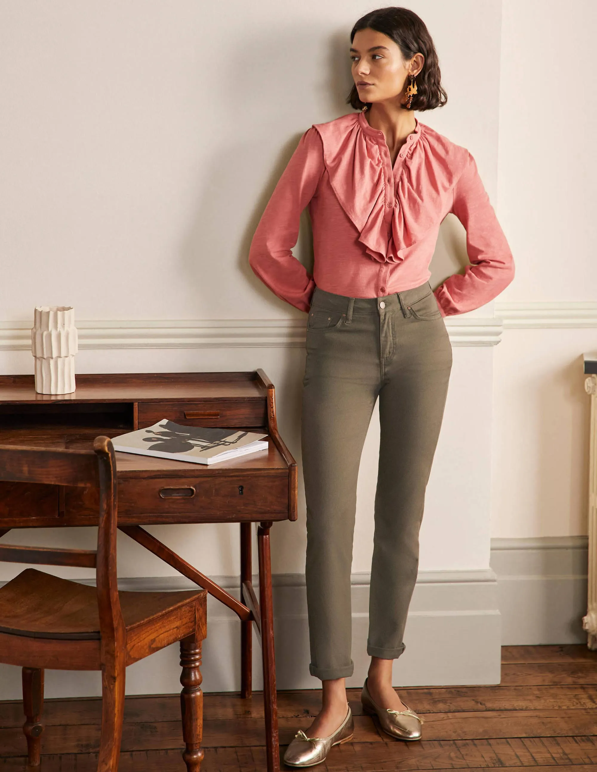 Ruffle Front Jersey Shirt-Dusty Red