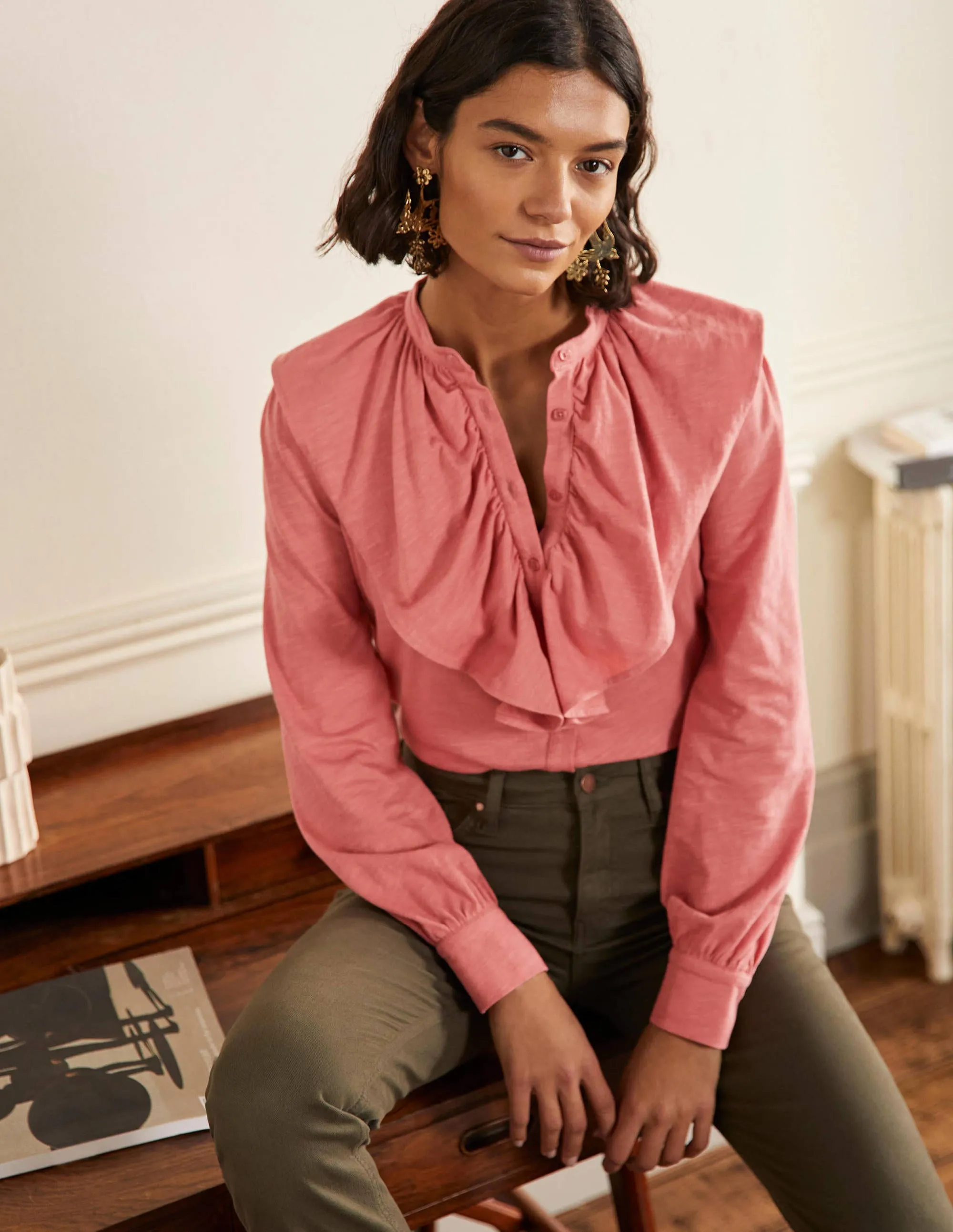 Ruffle Front Jersey Shirt-Dusty Red