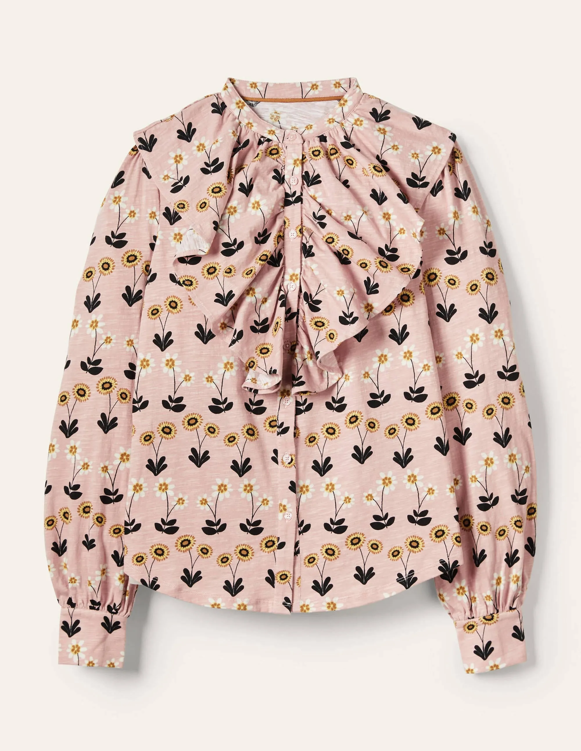 Ruffle Front Jersey Shirt-Milkshake, Delicate Daisy