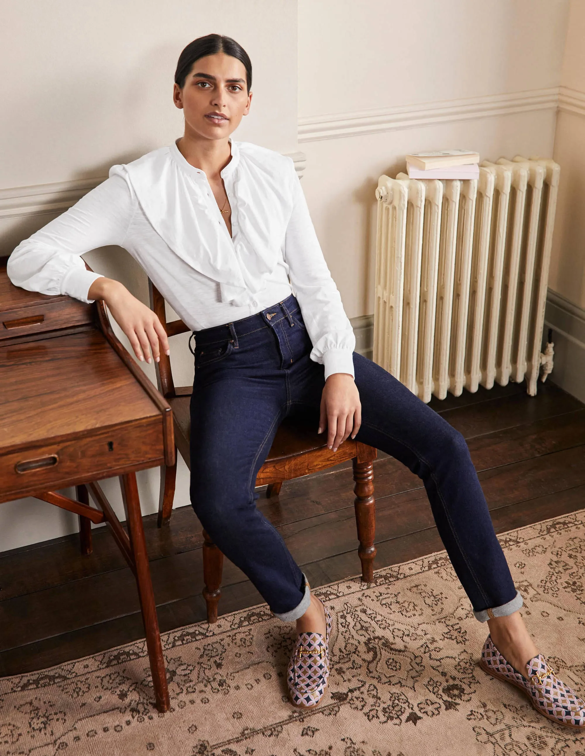 Ruffle Front Jersey Shirt-White