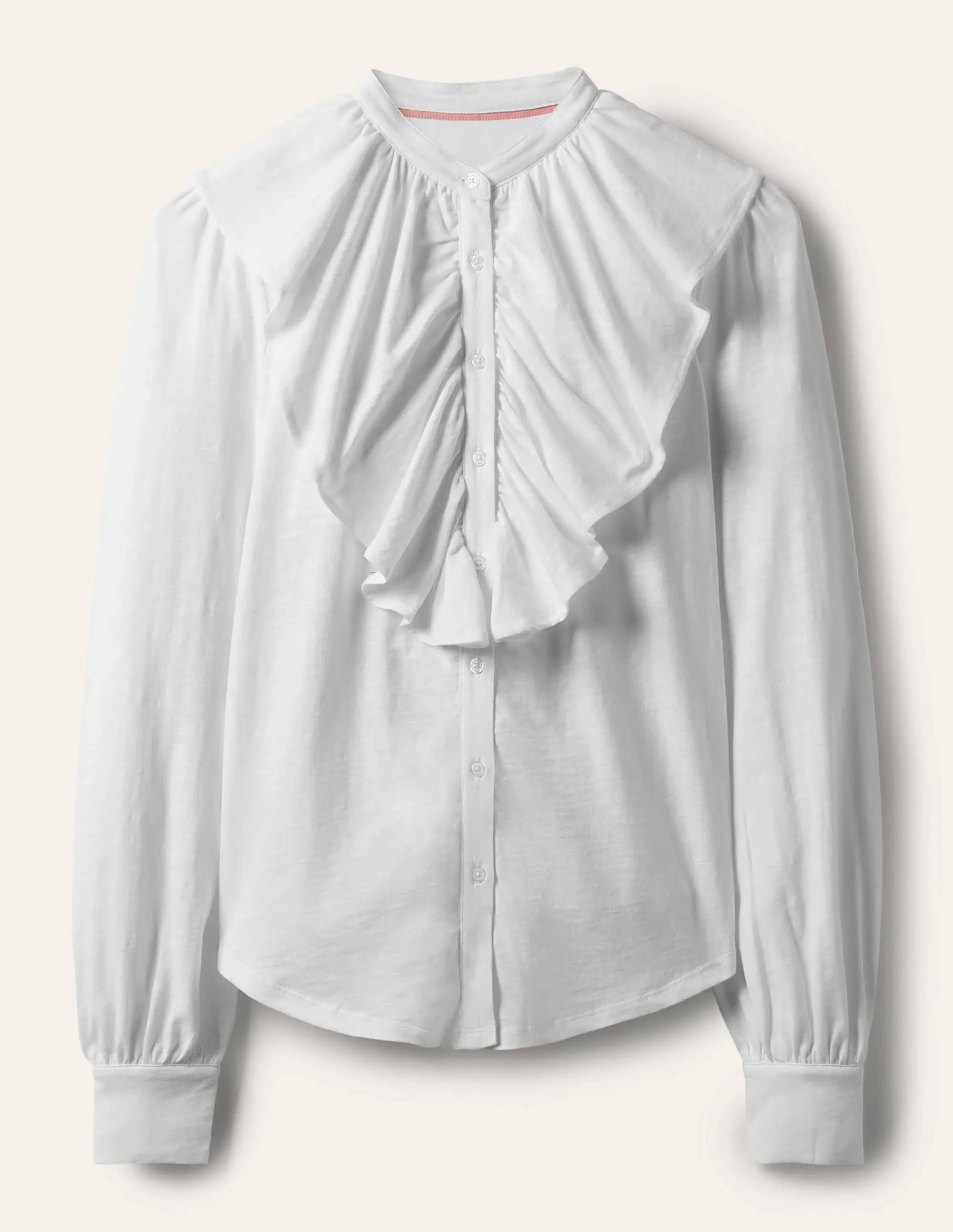 Ruffle Front Jersey Shirt-White
