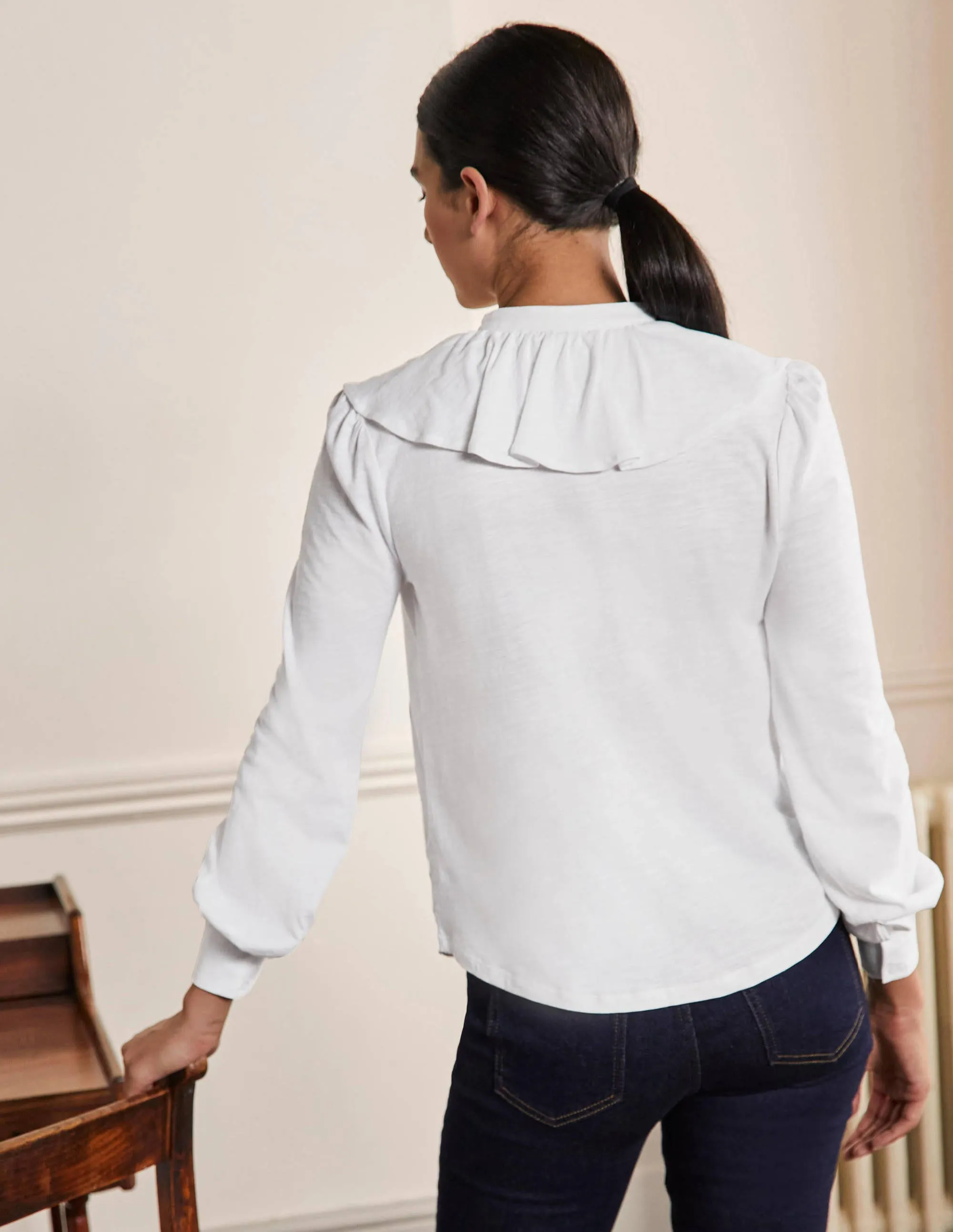 Ruffle Front Jersey Shirt-White