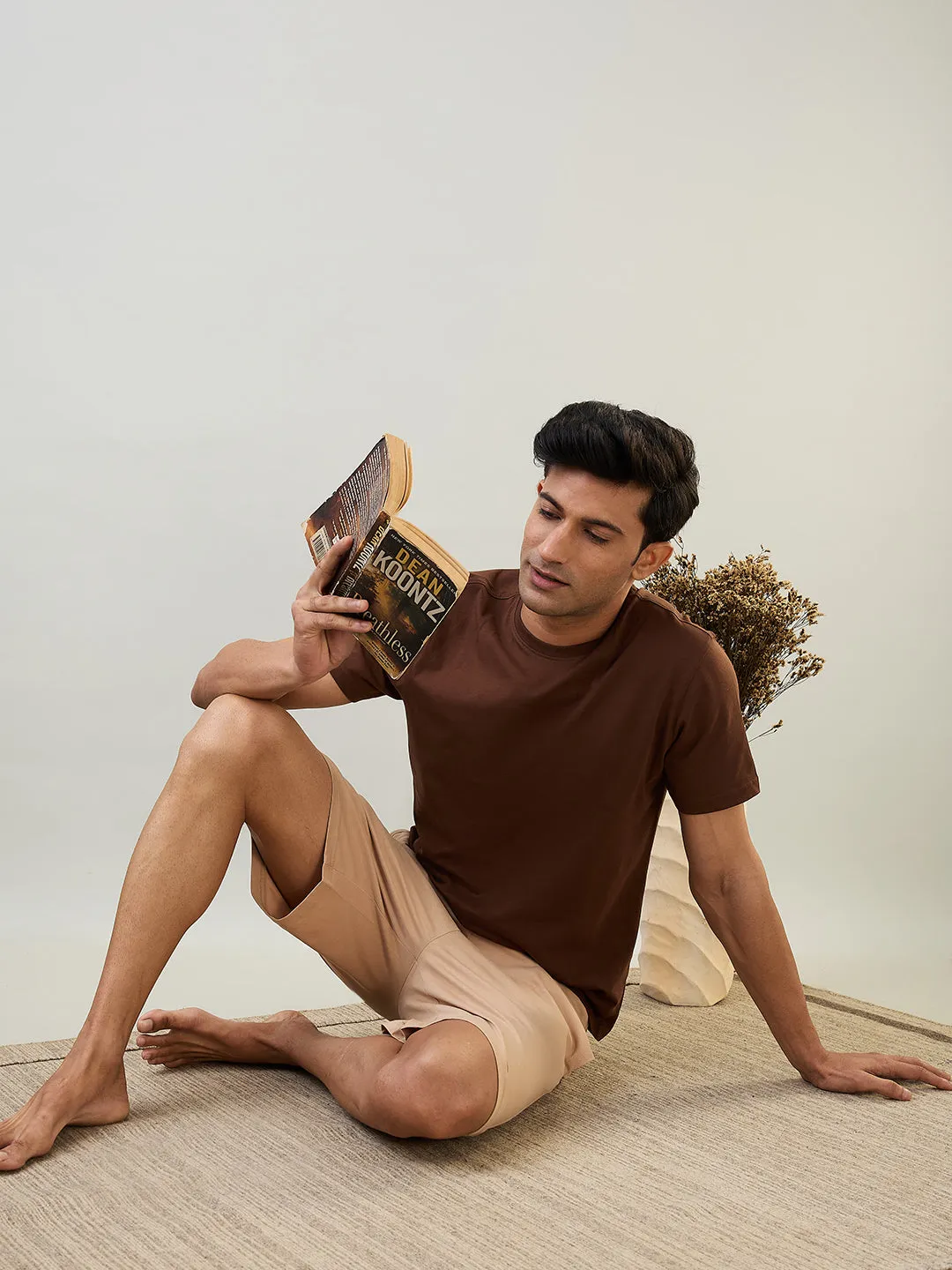 Sleepz Men Brown Solid  Cotton T-Shirt with Short
