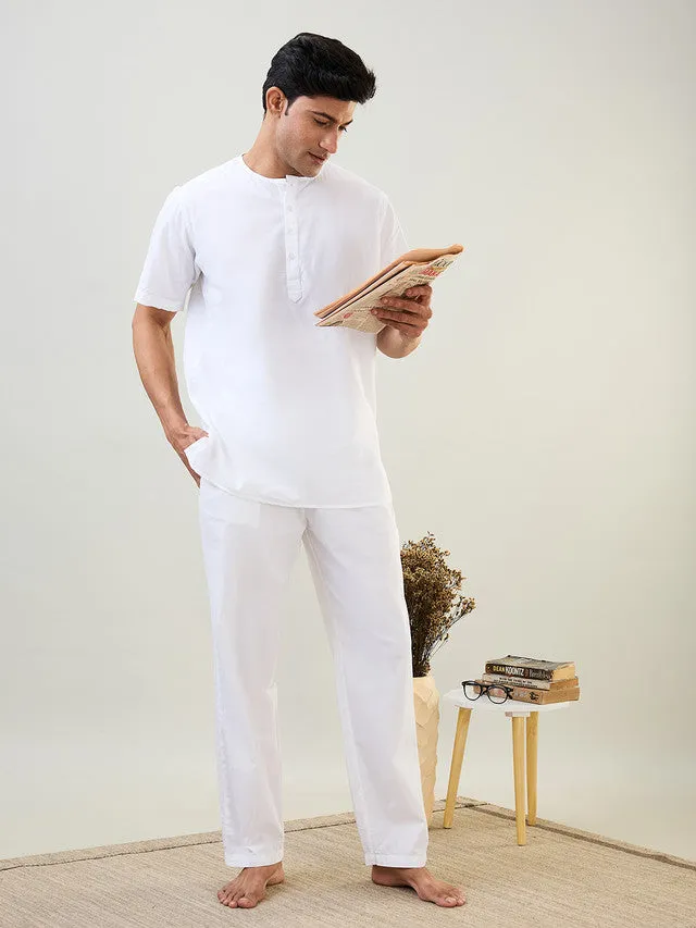 Sleepz Men White Solid Comfort Fit Cotton Kurta
