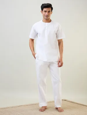 Sleepz Men White Solid Comfort Fit Polyester Blend Kurta Set