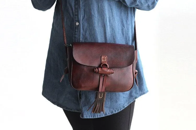 Small Vintage Designer Vegetable Leather Shoulder Bag For Women Retro Handcrafted Brush Off Ladies Tassel Handbag