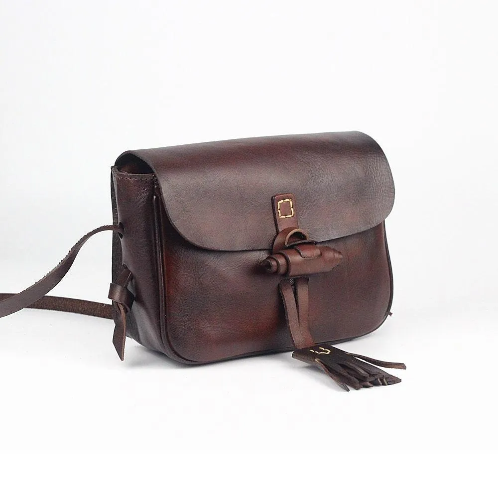 Small Vintage Designer Vegetable Leather Shoulder Bag For Women Retro Handcrafted Brush Off Ladies Tassel Handbag