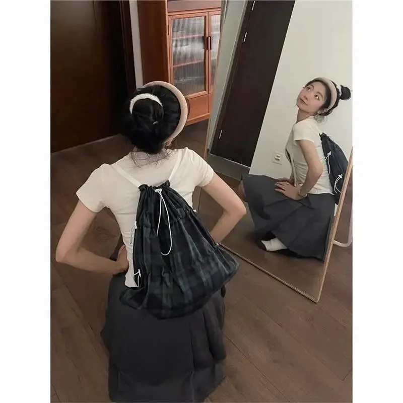 Sohiwoo New Spring/Summer Contrast Color Drawstring Backpack Causal Korean Style Simple Retro Backpacks