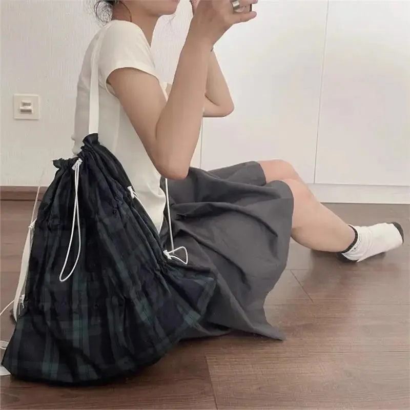 Sohiwoo New Spring/Summer Contrast Color Drawstring Backpack Causal Korean Style Simple Retro Backpacks