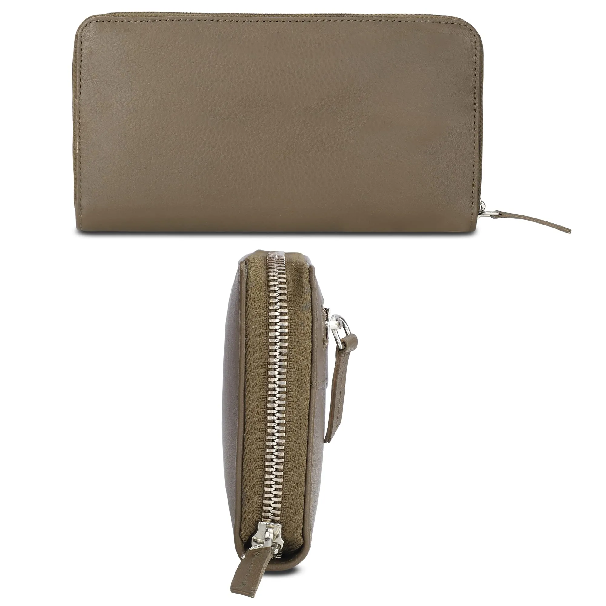 THE CLOWNFISH Eliana Collection Genuine Leather Zip Around Style Womens Wallet Clutch Ladies Purse with Card Holders (Olive Green)