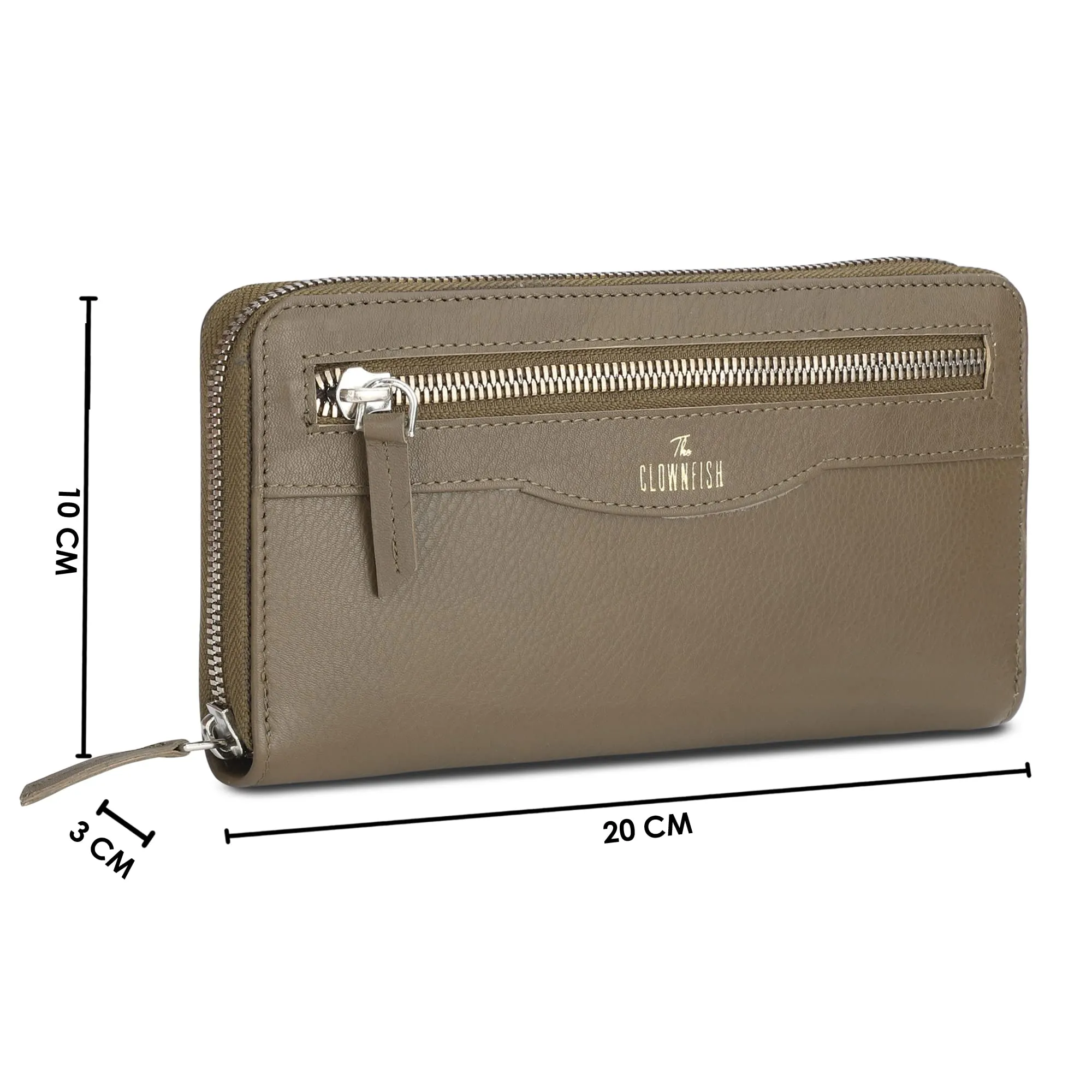 THE CLOWNFISH Eliana Collection Genuine Leather Zip Around Style Womens Wallet Clutch Ladies Purse with Card Holders (Olive Green)