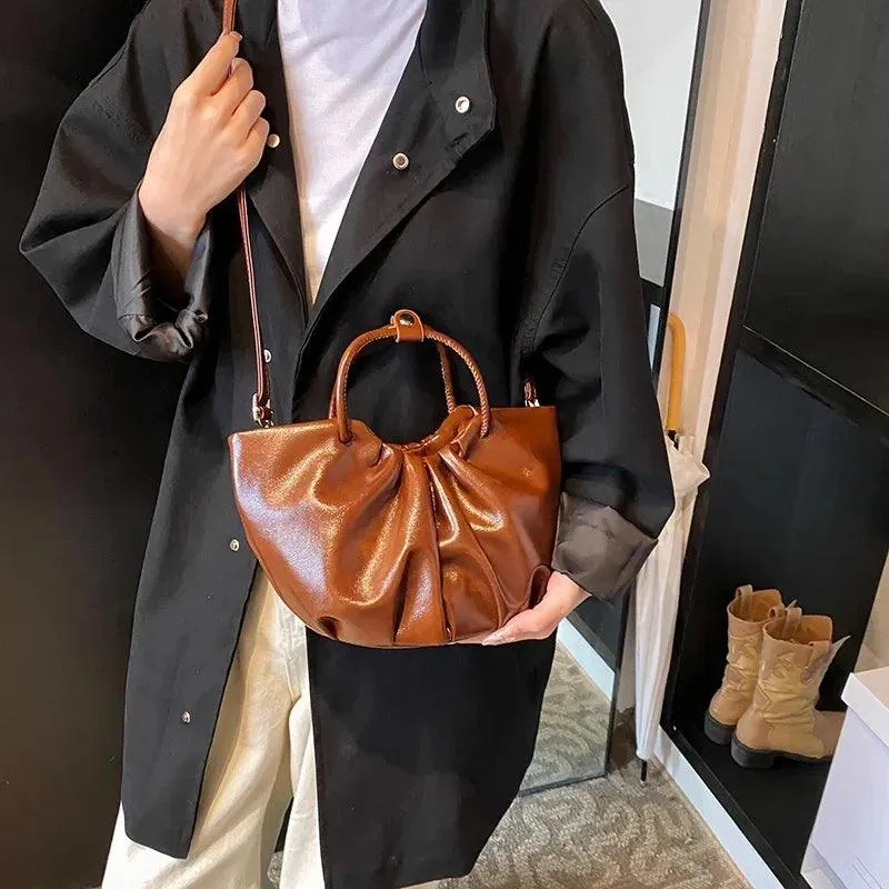 Tote Bags Medium Soft Pleated Leather Women Zipper Rushed Crossbody Bags