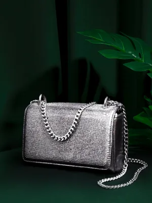 Women Pewter Toned Embellished Foldover Clutch