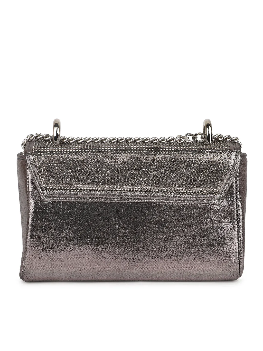 Women Pewter Toned Embellished Foldover Clutch