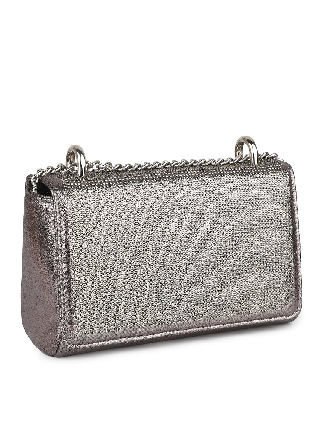 Women Pewter Toned Embellished Foldover Clutch
